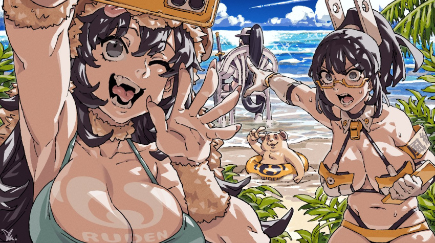 3girls animal armband baseball_cap beach beach_chair beaver bikini breasts cellphone choker cleavage cloud fang fern from_behind gloves grey_eyes hat holding holding_phone innertube ireading large_breasts long_hair multiple_girls navel ocean one_eye_closed open_mouth original outdoors outstretched_arm phone sand selfie shore sitting smartphone standing sweat swimsuit sword taking_picture tree v very_long_hair water weapon whistle white_gloves
