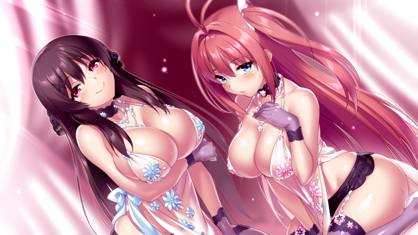 2girls antenna_hair ao_no_kanata_no_four_rhythm arched_back arm_under_breasts bare_shoulders between_legs black_choker black_gloves black_hair black_thighhighs blue_eyes blush breast_hold breasts choker cleavage closed_mouth collarbone commentary_request commission curtains curvy dutch_angle eyelashes eyes_visible_through_hair frilled_choker frilled_gloves frills garter_straps gloves hair_between_eyes hair_ornament hand_between_legs hand_up highres jewelry kurashina_asuka large_breasts lingerie long_hair looking_at_viewer multiple_girls necklace parted_lips pink_hair purple_eyes red_background second-party_source seiza shiny_skin shy sidelocks simple_background sitting skeb_commission smile standing straight_hair sweat thighhighs tobisawa_misaki two_side_up underwear very_long_hair wing_hair_ornament x_hair_ornament zen_(kamuro)