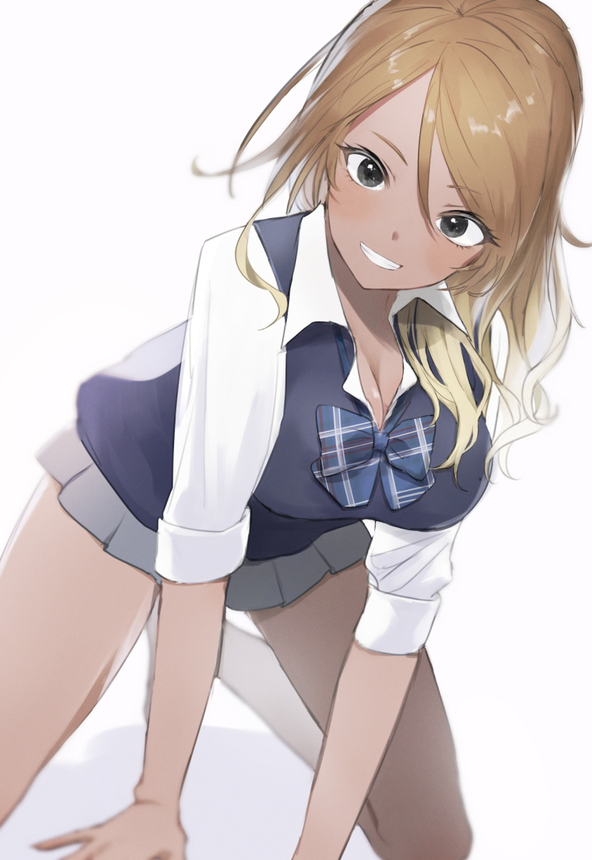 1girl all_fours black_eyes blonde_hair blue_bow blue_bowtie blue_cardigan blush bow bowtie breasts brown_hair cardigan cleavage dark-skinned_female dark_skin fuwasoda gradient_hair grey_skirt grin gyaru highres idolmaster idolmaster_shiny_colors izumi_mei large_breasts long_hair long_sleeves looking_at_viewer multicolored_hair plaid plaid_bow plaid_bowtie pleated_skirt school_uniform shirt simple_background skirt smile solo tan white_background white_shirt