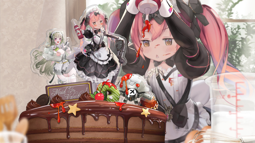 2girls antenna_hair apron arm_cuffs arm_under_breasts ascot black_bow black_bowtie black_dress black_skirt blush bottle bow bowtie breast_strap button_gap cake chest_strap chestnut_mouth chocolate cocoa_(nikke) detached_collar double_bun dress floating_hair food frilled_dress frilled_hairband frills fruit garter_straps gloves goddess_of_victory:_nikke green_ascot green_hair hair_between_eyes hair_bow hair_bun hair_ornament hairband highres holding holding_plate juliet_sleeves ketchup light_blush long_hair long_sleeves maid maid_apron maid_headdress multiple_girls official_art open_mouth parted_lips pink_eyes pink_hair plate pleated_skirt puffy_sleeves skirt sleeveless soda_(nikke) standing strawberry thighhighs twintails two-tone_gloves white_apron white_thighhighs yellow_eyes zettai_ryouiki