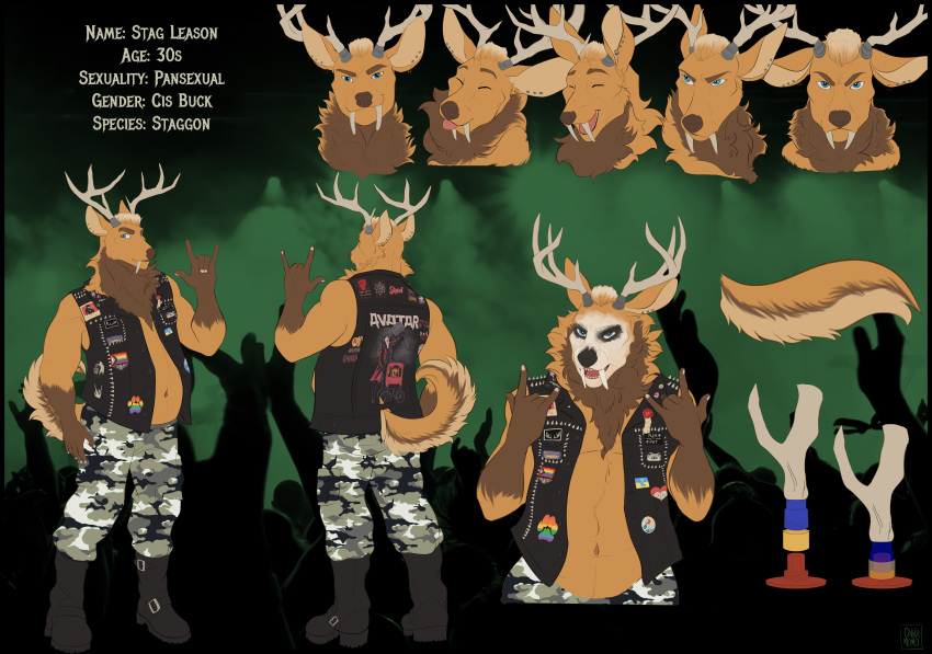 absurd_res anthro antlers bands belly body_modification boots bottomwear butt camo camo_bottomwear camo_clothing camo_print cinnamomo clothing corpse_paint custom_species deer devil_horns_(gesture) diagram expressions fangs footwear fur furgonomics gesture hi_res highlights_(coloring) hooves horn looking_at_viewer male mammal metalhead model_sheet navel nipples orange_body orange_fur pansexual patched_clothing pattern_bottomwear pattern_clothing shirtless slightly_chubby smile solo stag_leason teeth topwear vest