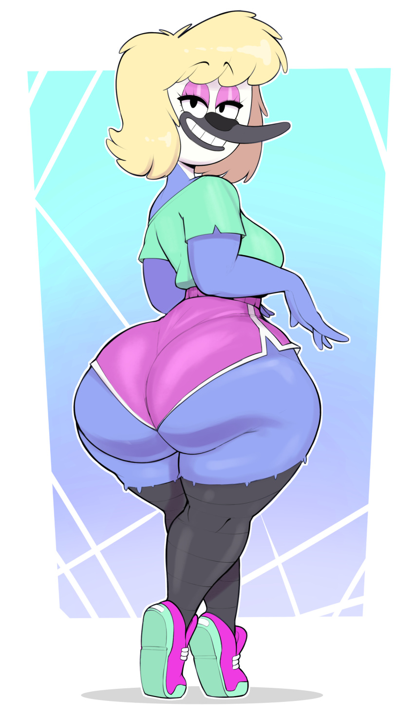 absurd_res anthro avian big_butt bird blonde_hair bottomwear butt cartoon_network clothing female footwear hair hi_res huge_butt looking_at_viewer looking_back looking_back_at_viewer mature_female regular_show shoes shorts usnarbit