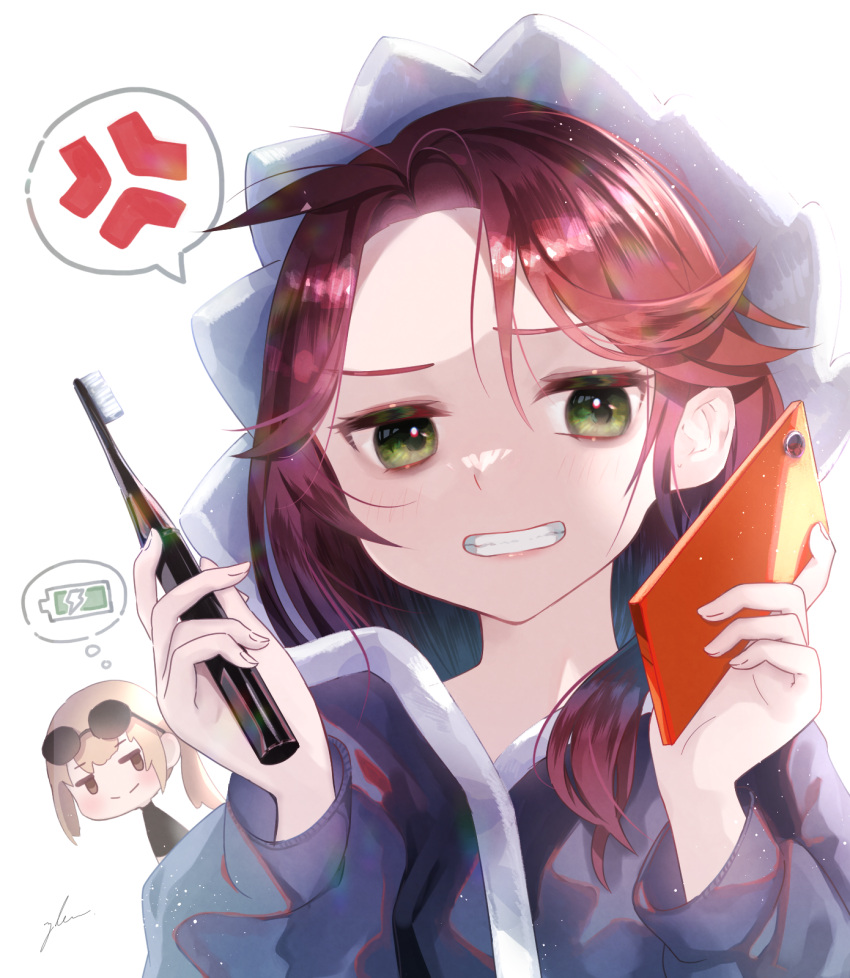 2girls anger_vein battery_indicator blue_hood cellphone cheryl_(girls'_frontline) electric_toothbrush eyewear_on_head girls'_frontline green_eyes grin highres holding holding_phone holding_toothbrush hood hoodie long_hair looking_at_viewer multiple_girls phone red_hair scar-h_(girls'_frontline) simple_background smartphone smile speech_bubble spoken_anger_vein sunglasses thought_bubble toothbrush upper_body white_background yuhazu_26