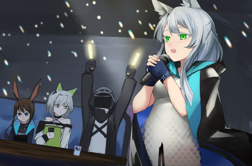 1other 3girls ambiguous_gender amiya_(arknights) anger_vein animal_ears ao_oni_(onioni-aoi) arknights arms_up bare_shoulders black_jacket blue_eyes blue_gloves brown_hair cat_ears cat_girl closed_mouth commentary_request cup doctor_(arknights) dress drinking_glass fingerless_gloves gloves glowstick green_dress green_eyes grey_hair highres holding holding_microphone hood hood_up hooded_jacket infection_monitor_(arknights) jacket kal'tsit_(arknights) long_hair long_sleeves microphone multiple_girls music off-shoulder_dress off_shoulder open_clothes open_jacket open_mouth partial_commentary rabbit_ears rabbit_girl rosmontis_(arknights) short_hair singing teeth upper_teeth_only