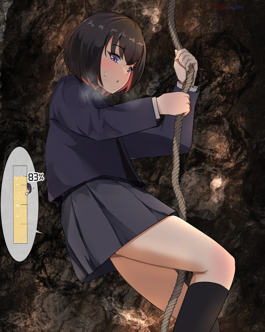 1girl artist_name black_hair black_skirt black_socks blue_jacket blush bob_cut breath cave climbing colored_inner_hair commentary_request commission from_side hands_up have_to_pee highres holding holding_rope jacket kneehighs long_sleeves looking_down michinoku_(michino934) miniskirt multicolored_hair open_mouth original pleated_skirt purple_eyes raised_eyebrow red_hair rope school_uniform shirt short_hair sidelocks signature skeb_commission skirt socks solo speech_bubble sweat thighs twitter_username two-tone_hair urine_meter white_shirt