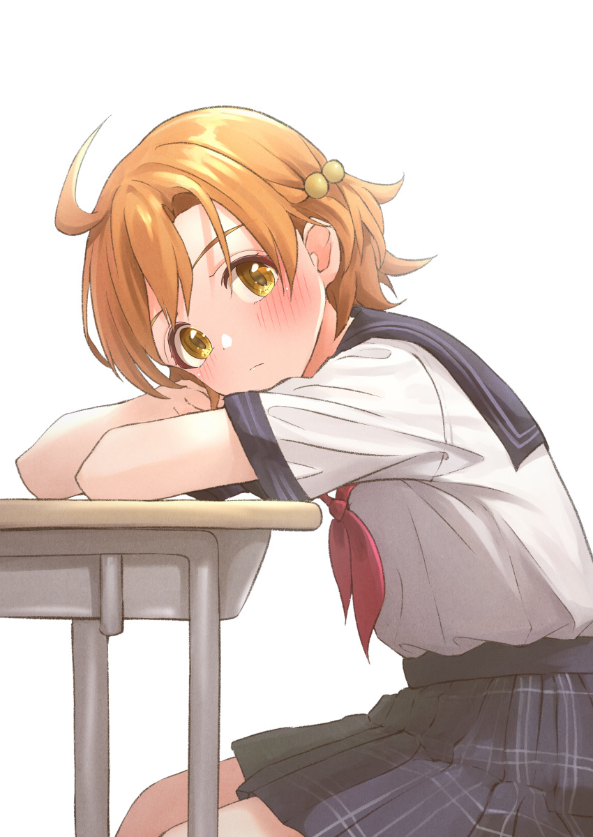 1girl absurdres ahoge b1ack_illust blue_skirt blush closed_mouth desk elbow_on_table from_side hair_bobbles hair_ornament highres idolmaster idolmaster_million_live! idolmaster_million_live!_theater_days looking_at_viewer neckerchief orange_hair plaid plaid_skirt pleated_skirt red_neckerchief school_desk school_uniform serafuku shirt short_hair short_sleeves sitting skirt solo white_serafuku white_shirt yabuki_kana yellow_eyes