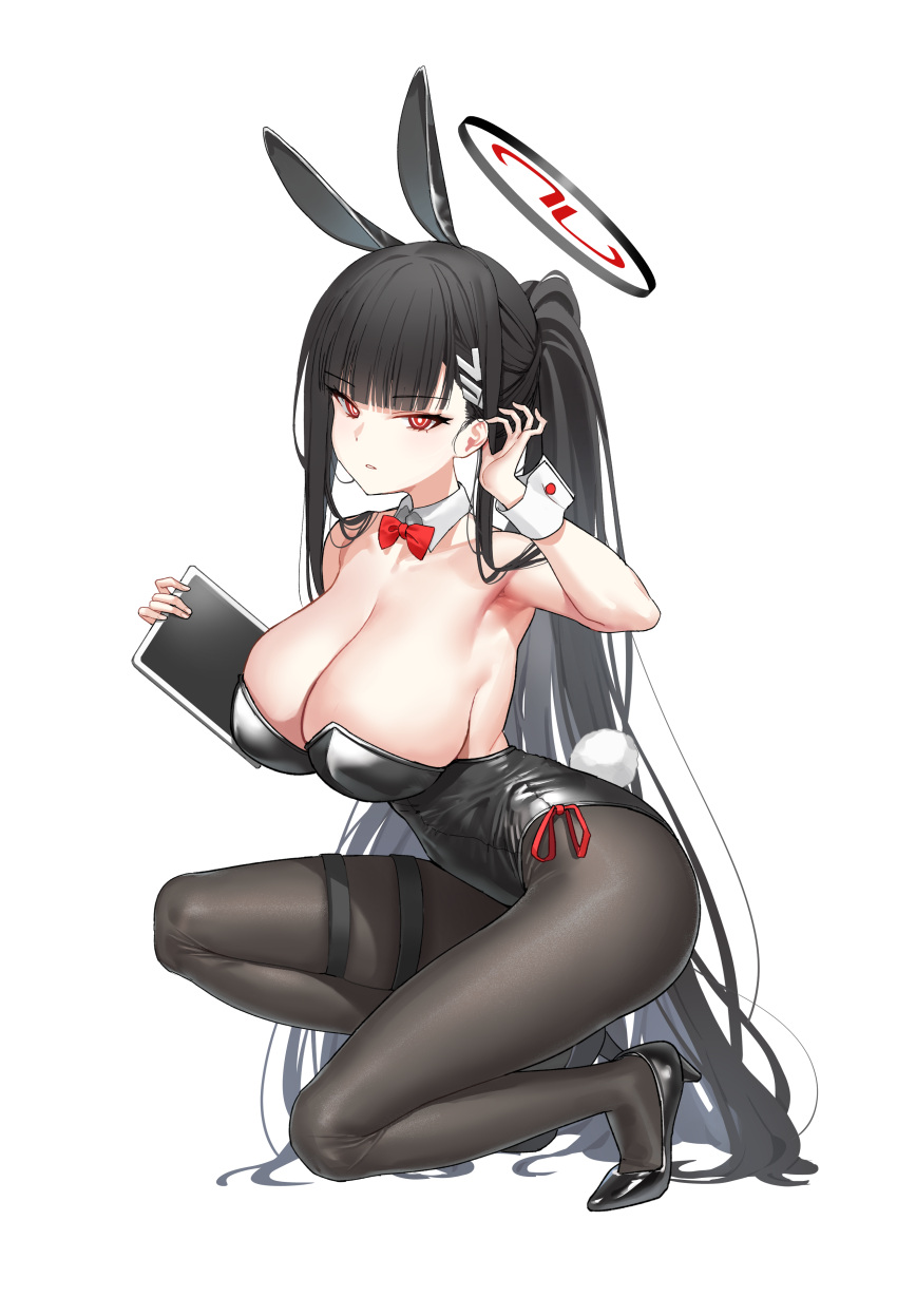 1girl absurdres alternate_costume animal_ears black_hair black_leotard black_thighhighs blue_archive breasts bright_pupils clipboard detached_collar fake_animal_ears fake_tail hair_ornament hairclip halo high_heels highres legs leotard long_hair looking_at_viewer pantyhose playboy_bunny rabbit_ears rabbit_tail red_eyes rio_(blue_archive) sideboob simple_background smile solo squatting strapless strapless_leotard tail thigh_strap thighhighs urrrt very_long_hair white_background wrist_cuffs