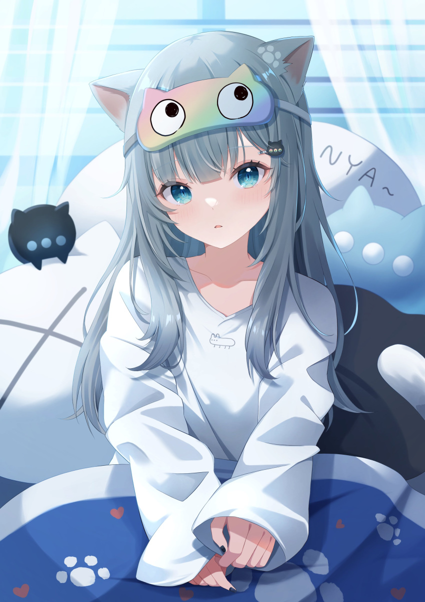 1girl absurdres animal_ears black_nails blanket blue_eyes cat_ears cat_girl cat_tail expressionless grey_hair highres indie_virtual_youtuber long_hair long_sleeves looking_at_viewer mask mask_on_head nachoneko parted_lips shinshia_(sinsia_0928) shirt sleep_mask sleeves_past_wrists tail under_covers virtual_youtuber white_shirt