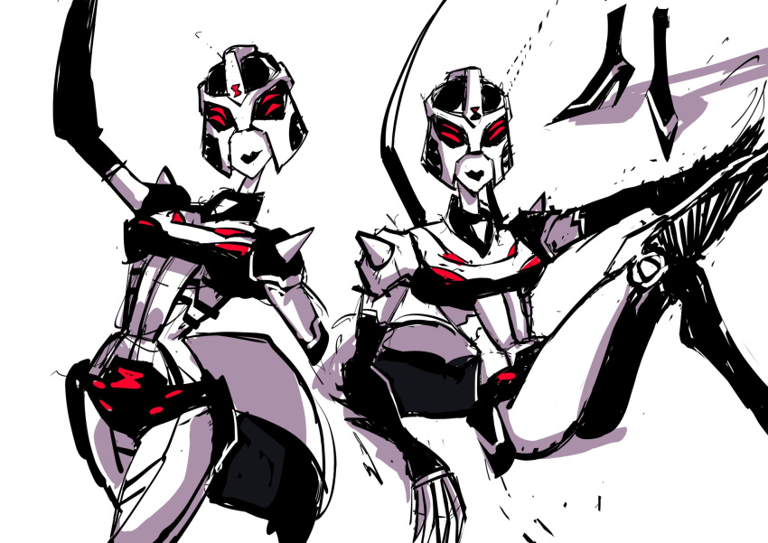 1girl black_lips black_panties blackarachnia breasts curvy greyscale highres humanoid_robot itstom06331391 mecha medium_breasts monochrome narrow_waist panties red_eyes robot science_fiction solo transformers transformers_animated underwear