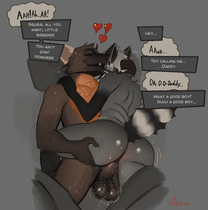 &lt;3 absurd_res anthro balls bodily_fluids body_hair butt canid canine chest_hair daddy_kink dialogue duo erection eyes_closed fluffy fluffy_tail fritzbonn from_front_position fur genitals grey_body grey_fur hairy_balls hi_res humanoid_genitalia humanoid_penis intimate lying male male/male mammal moan nude on_back open_mouth penis procyonid raccoon reverse_missionary_position sex sweat sweatdrop tail text_box