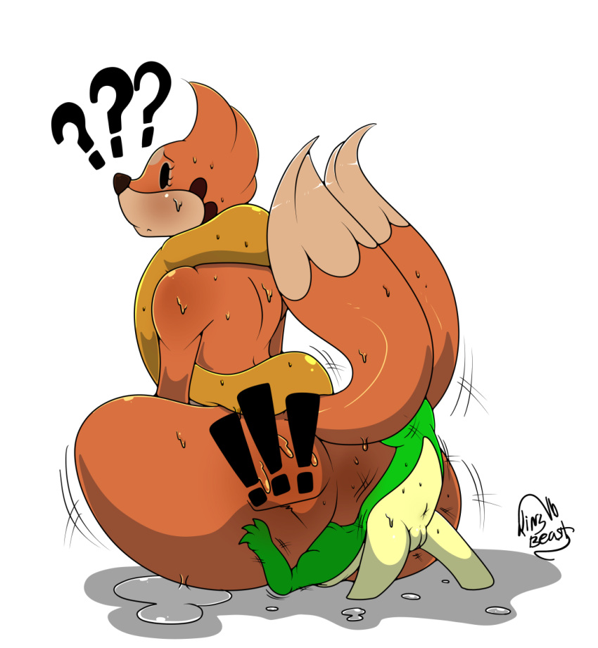 2016 2_tails 3_fingers anthro black_nose bodily_fluids butt duo exclamation_point female female/female fingers floatzel fur generation_4_pokemon generation_5_pokemon genitals green_body green_skin green_tail hi_res kingbeast multi_tail nintendo nude on_top on_top_of orange_body orange_fur orange_tail pokemon pokemon_(species) pussy question_mark simple_background sitting_on_another size_difference snivy sweat tail white_background