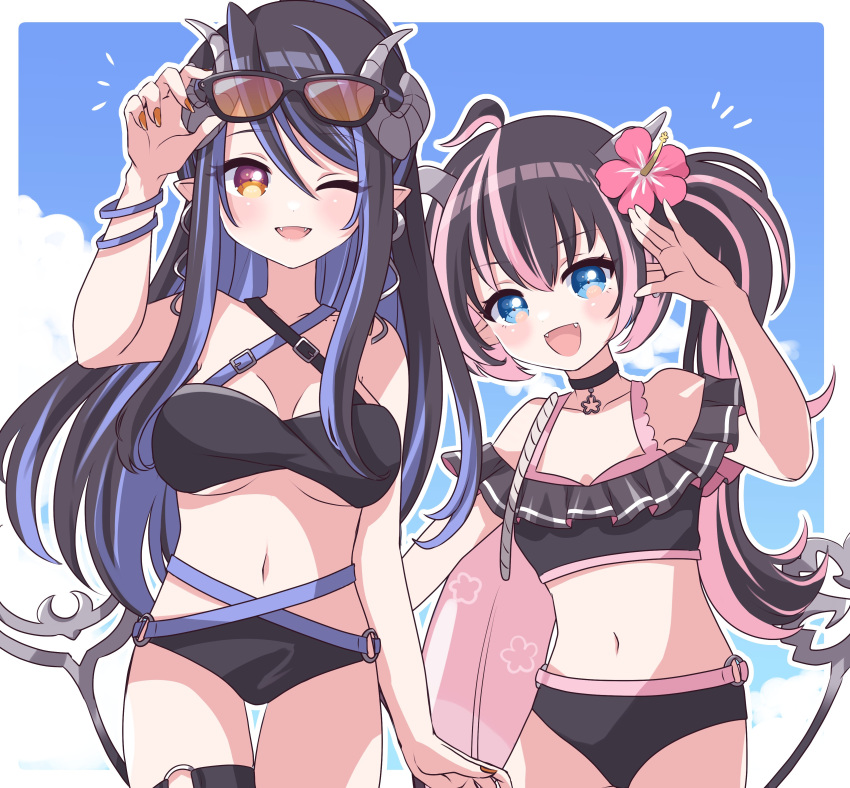 2girls absurdres adapted_costume ahoge belt bikini black_belt black_bikini black_hair blue_background blue_belt blue_eyes blue_hair blush breasts breasts_apart brown_eyes brown_nails chest_belt commentary_request cowboy_shot curled_horns demon_girl demon_horns demon_tail earrings eyewear_on_head fangs flat_chest flower grey_horns hair_between_eyes hair_flower hair_ornament hebiyoi_tier hibiscus highres horns jewelry kino_haruc large_breasts long_bangs long_hair looking_at_viewer medium_bangs multicolored_hair multiple_girls nanashi_inc. navel oinomori_may one_eye_closed one_side_up open_mouth outline pink_flower pink_hair pointy_ears sidelocks single_earring smile snake_bite sunglasses swimsuit tail two-tone_hair virtual_youtuber white_outline