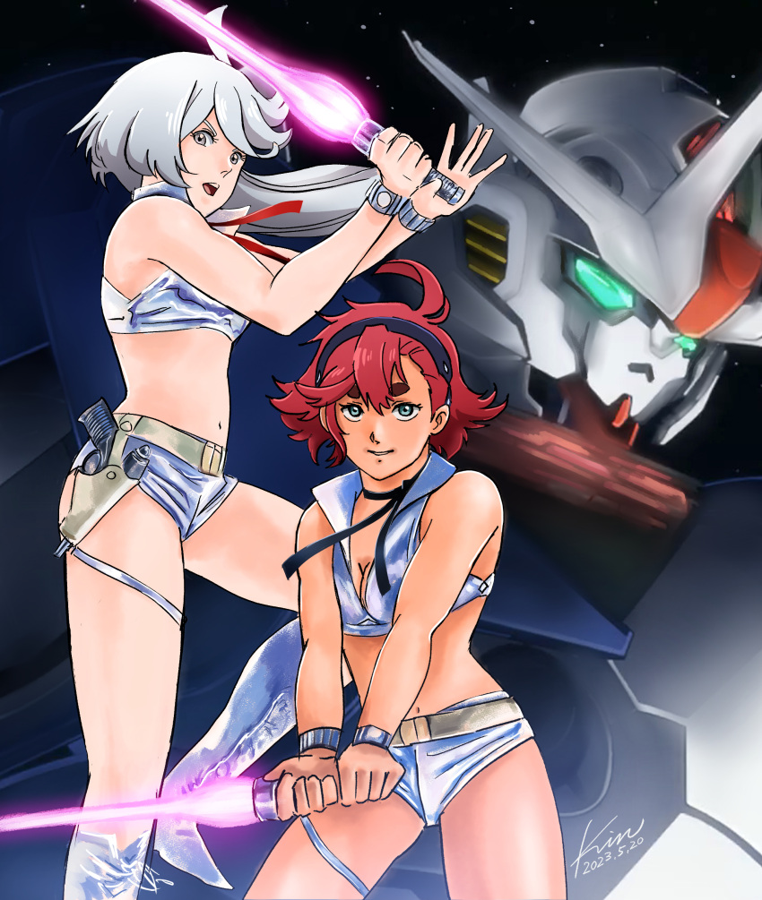 2girls absurdres belt black_choker black_hairband blue_eyes boots breasts brown_belt choker cleavage cosplay cropped_shirt dated dirty_pair dirty_pair_(novels) energy_sword floating_hair green_belt grey_eyes grey_footwear grey_hair grey_shirt grey_shorts gun gundam gundam_aerial_rebuild gundam_suisei_no_majo hairband highres holding holding_sword holding_weapon holstered kei_(dirty_pair_novels) kei_(dirty_pair_novels)_(cosplay) kobakin long_hair looking_at_viewer mecha medium_breasts midriff mobile_suit multiple_girls navel open_mouth red_hair robot shirt short_hair short_shorts shorts signature smile sword v-shaped_eyebrows weapon yasuhiko_yoshikazu_(style) yuri_(dirty_pair_novels) yuri_(dirty_pair_novels)_(cosplay)