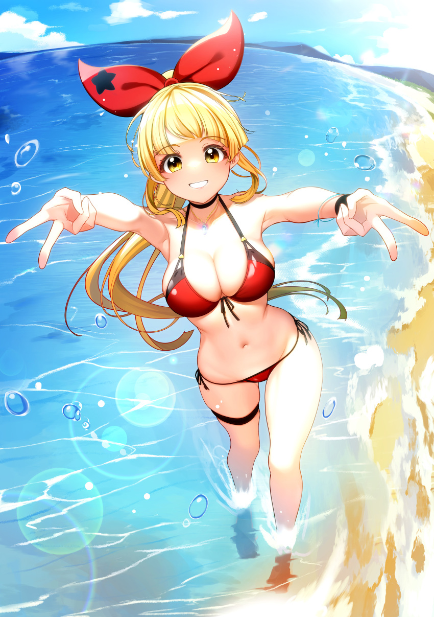 1girl absurdres alternate_hairstyle armpits bang_dream! bare_shoulders beach bikini black_wristband blonde_hair blue_sky breasts cleavage cloud collarbone commentary contrapposto day diagonal_bangs dopamine70 double_v front-tie_bikini_top front-tie_top grin gyaru_v hair_ribbon highres lens_flare long_hair looking_at_viewer medium_breasts mountainous_horizon navel ocean outdoors ponytail red_bikini red_ribbon ribbon side-tie_bikini_bottom sidelocks skindentation sky smile solo standing swimsuit symbol-only_commentary teeth thigh_strap tsurumaki_kokoro v wading wristband yellow_eyes
