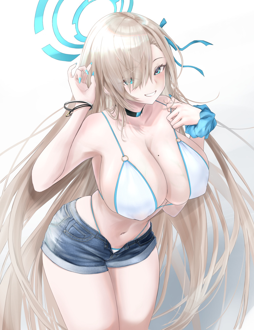 1girl absurdres alternate_costume aqua_eyes asuna_(blue_archive) bare_shoulders bikini black_choker blue_archive blue_nails blue_scrunchie blush breasts choker cleavage commentary_request covered_nipples cowboy_shot denim denim_shorts grin hair_over_one_eye halo highres large_breasts light_brown_hair long_hair looking_at_viewer mole mole_on_breast nail_polish navel noa_(skae3323) scrunchie short_shorts shorts side-tie_bikini_bottom sideboob smile solo swimsuit thighs veins veiny_breasts very_long_fingernails very_long_hair white_background white_bikini wrist_scrunchie
