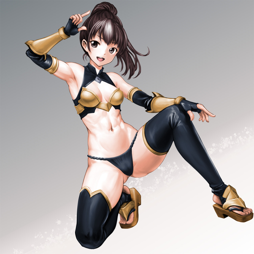 1girl :d arm_guards bare_shoulders black_fundoshi black_gloves black_thighhighs breasts brown_eyes brown_hair cleavage elbow_gloves fingerless_gloves full_body fundoshi gloves highres japanese_clothes long_hair medium_breasts midriff minamoto80486 navel open_mouth ponytail ringed_eyes smile solo stirrup_legwear teeth thighhighs toeless_legwear upper_teeth_only wizardry zouri