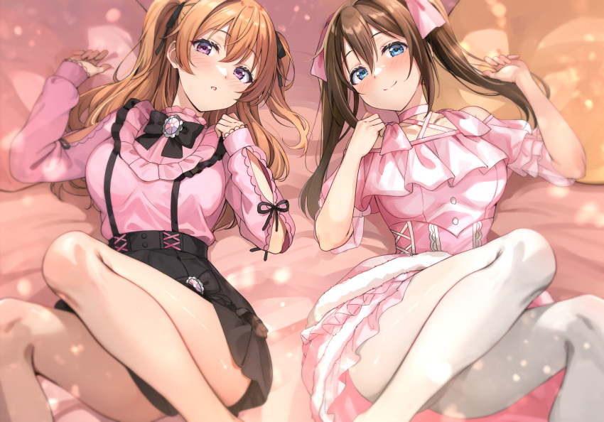 2girls black_bow black_ribbon black_skirt blue_eyes blush bow breasts brown_hair collarbone cooking_with_love dress feet_out_of_frame hair_between_eyes hair_ribbon highres jirai_kei knees_up konoe_kanata large_breasts lens_flare light_particles long_hair long_sleeves looking_at_viewer love_live! love_live!_nijigasaki_high_school_idol_club lying multiple_girls on_back orange_hair ousaka_shizuku pantyhose parted_lips pink_dress purple_shirt ribbon shiitake_taishi shirt sidelocks skirt smile suspender_skirt suspenders twintails two_side_up upper_body wavy_hair white_pantyhose