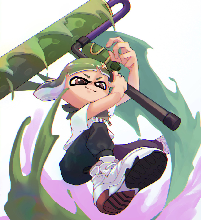 1boy black_pants brown_eyes green_hair highres inkling inkling_boy nastar_r0 neckerchief paint paint_roller pants shirt shoes short_hair smirk solo splat_roller_(splatoon) splatoon_(series) splatoon_3 white_background white_footwear white_shirt