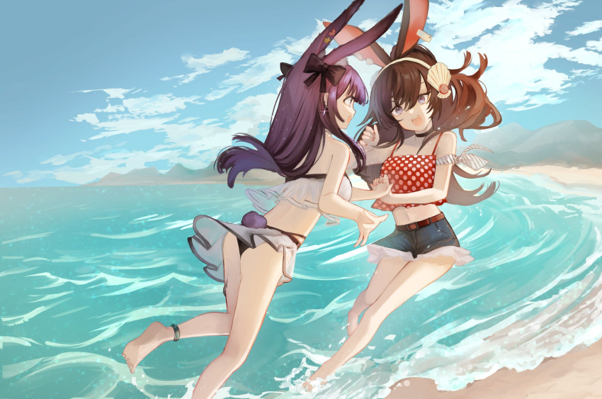 2girls animal_ears april_(arknights) arknights ass beach belt bikini black_bow black_choker blue_shorts blue_sky bow brown_belt brown_hair choker cloud cloudy_sky day ear_tag earrings extra_ears hair_between_eyes hair_bow hemorina highres holding_hands jewelry long_hair mountainous_horizon multiple_girls official_alternate_costume open_mouth outdoors polka_dot polka_dot_shirt purple_eyes purple_hair rabbit_ears rabbit_girl rabbit_tail red_shirt rope_(arknights) rope_(summer_flowers)_(arknights) sand shell_hair_ornament shirt shorts sidelocks sky swimsuit tail teeth upper_teeth_only wading water white_bikini