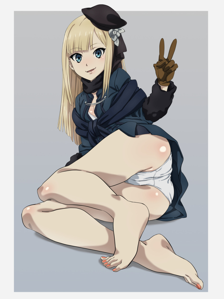 1girl ass bangs bare_legs barefoot black_headwear black_scarf blonde_hair blue_jacket breasts brown_gloves cleavage commentary_request fate_(series) flower gloves green_background green_eyes grey_flower hair_flower hair_ornament highres jacket long_hair lord_el-melloi_ii_case_files lying nomanota on_side reines_el-melloi_archisorte scarf shiny_skin small_breasts smile solo v white_background