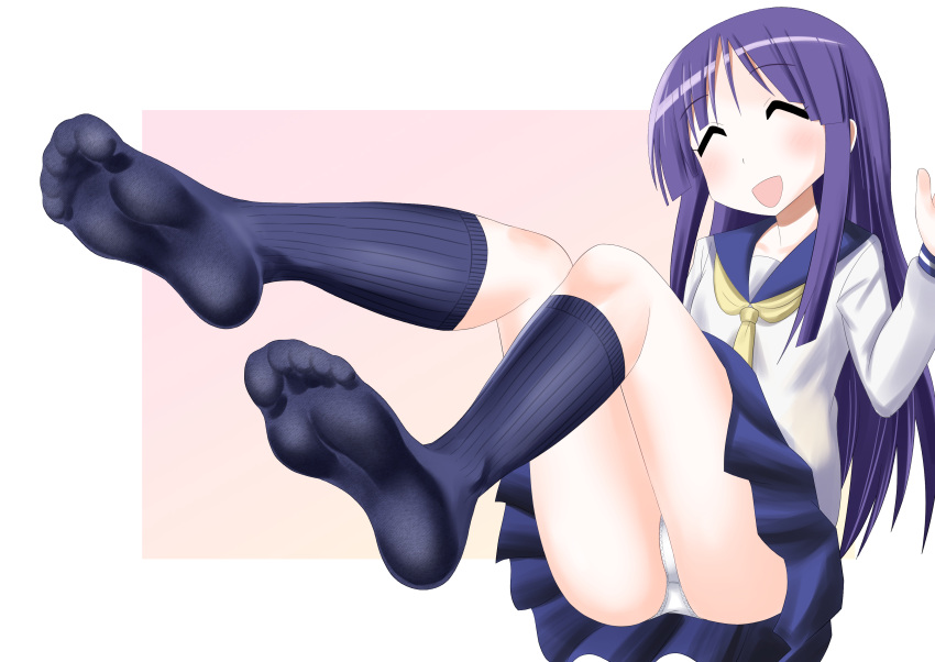1girl ^_^ absurdres ahoterasoryo blue_sailor_collar blue_skirt blue_socks blush border closed_eyes collarbone commission feet feet_up foreshortening full_body hand_up highres hinata_yukari kneehighs knees_together_feet_apart knees_up legs looking_at_viewer neckerchief no_shoes open_mouth panties parted_bangs pink_background pixiv_commission pleated_skirt purple_hair ribbed_socks sailor_collar school_uniform serafuku skirt socks soles solo thighs toes underwear white_border white_panties yellow_neckerchief yuyushiki yuyushiki's_school_uniform