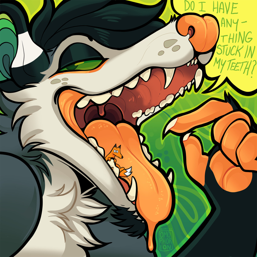 anthro canid canine didelphid duo fox frindle gesture hi_res imminent_vore looking_at_viewer male male/male mammal marsupial mouth_shot open_mouth pointing pointing_at_self teeth throat tongue uvula_showing vore