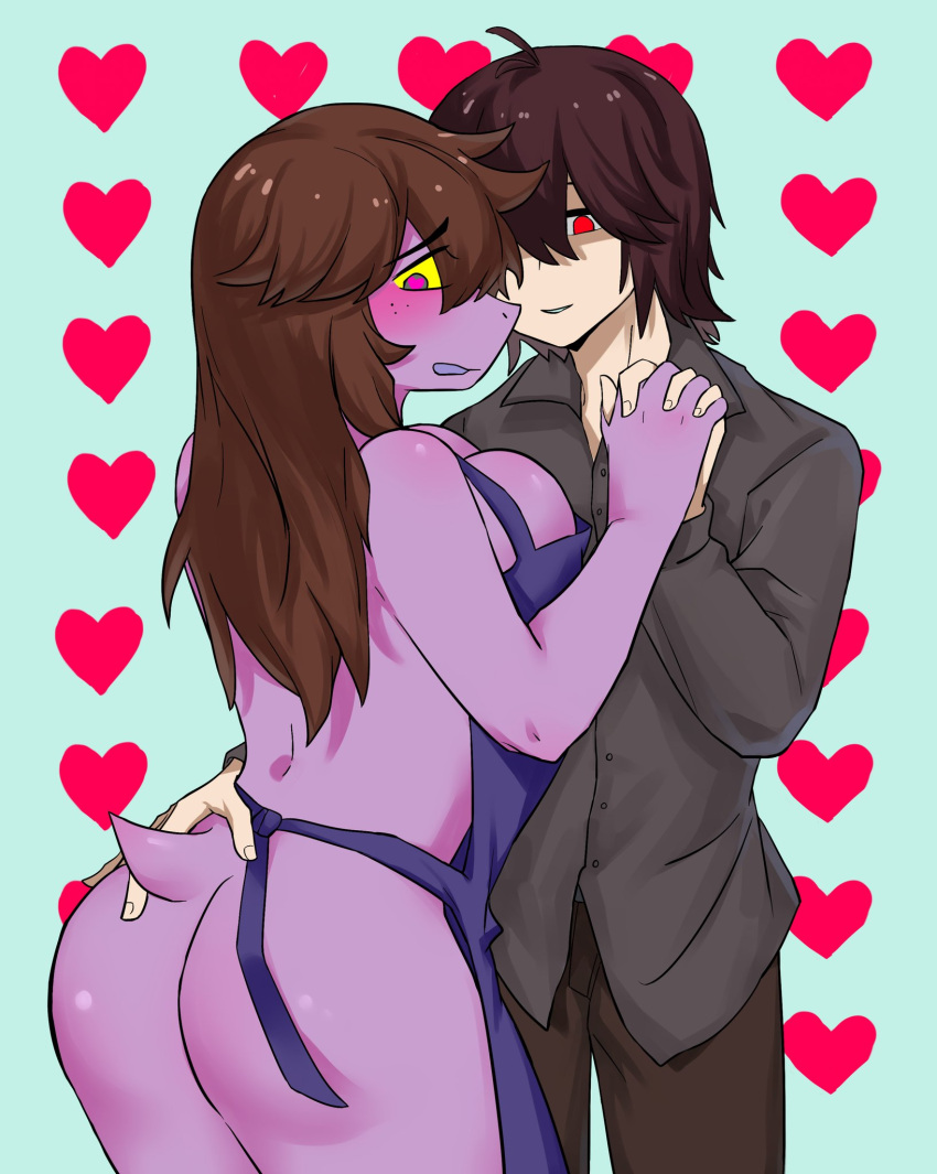 &lt;3 anthro apron apron_only big_breasts blush bottomwear breasts brown_hair butt butt_grab clothed clothing deltarune duo female freckles fully_clothed hair hand_holding hand_on_butt hechangjun250 hi_res human human_on_anthro interspecies kris_(deltarune) male male/female mammal mostly_nude pants purple_body purple_scales red_eyes reptile scales scalie shirt short_tail standing susie_(deltarune) tail topwear undertale_(series)