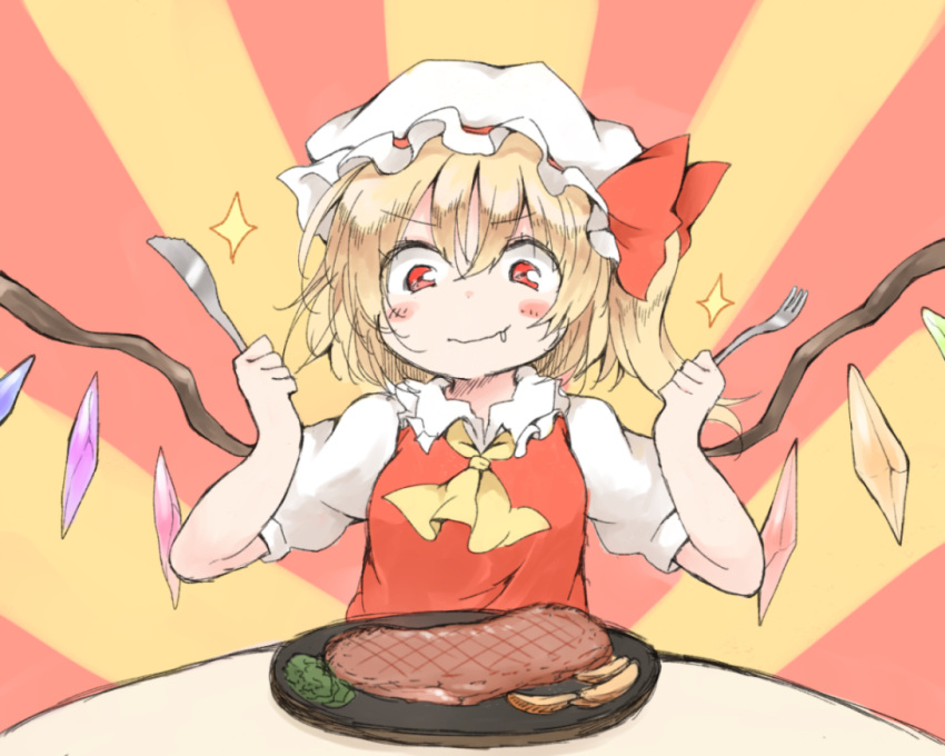 1girl arms_up ascot blonde_hair blush_stickers bow closed_mouth crystal dot_nose drooling eating flandre_scarlet food fork frilled_shirt_collar frills hair_between_eyes hands_up hat hat_bow hatching_(texture) holding holding_fork holding_knife knife linear_hatching long_hair meal meat mob_cap nanana_(chicken_union) narrowed_eyes one_side_up puffy_short_sleeves puffy_sleeves red_background red_bow red_eyes red_vest saliva short_sleeves solo sparkle steak straight-on sunburst sunburst_background table touhou two-tone_background upper_body v-shaped_eyebrows vest w_arms wavy_mouth white_headwear wings yellow_ascot yellow_background