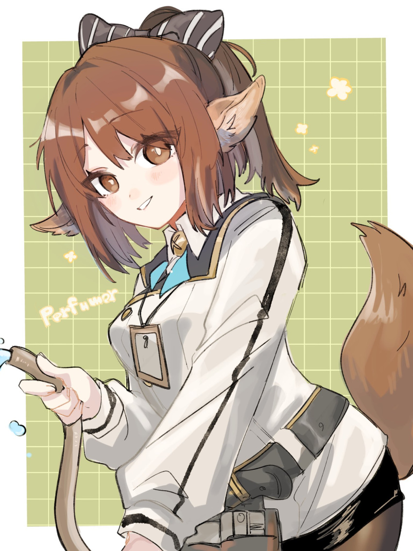 1girl animal_ears arknights belt black_bow black_shorts border bow brown_eyes brown_hair brown_pantyhose character_name collared_jacket commentary flower fox_ears fox_girl fox_tail green_background grey_belt hair_bow highres holding holding_hose hose id_card jacket long_sleeves looking_at_viewer one-hour_drawing_challenge pantyhose pantyhose_under_shorts perfumer_(arknights) perfumer_(species_plantarum)_(arknights) short_ponytail shorts simple_background smile solo soramaru_310 striped striped_bow tail white_bow white_jacket