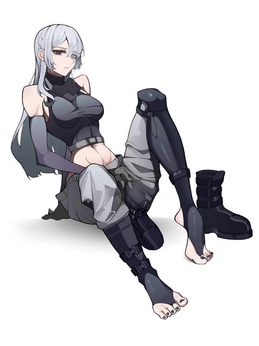 1girl abs absurdres ak-15_(girls'_frontline) boots breasts elbow_gloves girls'_frontline gloves highres large_breasts long_hair looking_at_viewer navel purple_eyes simple_background sitting solo stomach swept_bangs tactical_clothes tank_top white_background white_hair yat_(tsmn7245)