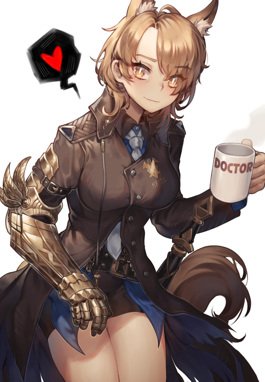 1girl ahoge animal_ear_fluff animal_ears arknights arm_belt bare_legs belt belt_buckle black_belt blue_shirt breasts bright_pupils brown_coat brown_gloves brown_shorts brown_tail buckle buttons closed_mouth coat collared_coat collared_shirt commentary_request cowboy_shot cup dress_shirt drink epaulettes gauntlets genderswap genderswap_(mtf) gloves hair_over_one_eye hand_up heart high_collar highres holding holding_cup holding_drink horse_ears horse_girl horse_tail hot_drink insignia korean_commentary layered_sleeves leaning leaning_forward light_blush light_brown_hair light_smile long_sleeves looking_at_viewer medium_breasts medium_hair metal_gloves mlynar_(arknights) mug mwomwomwo necktie parted_bangs print_mug rerebrace shadow shirt short_shorts shorts shoulder_pads simple_background single_gauntlet single_glove single_vambrace solo speech_bubble spoken_heart standing steam sword_hilt tail thighs torn_clothes torn_coat vambraces white_background white_necktie white_pupils wing_collar yellow_eyes