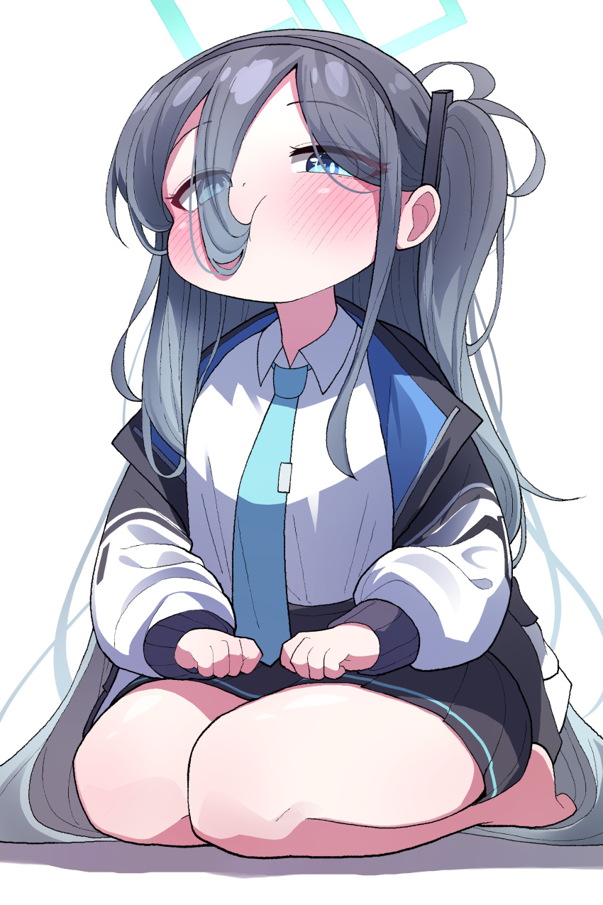 1girl :t absurdres aris_(blue_archive) barefoot black_hair black_hairband blue_archive blue_eyes blush collared_shirt commission hair_in_own_mouth hairband halo highres hourglass_02 long_hair long_sleeves looking_at_viewer necktie one_side_up open_clothes pleated_skirt shirt simple_background sitting skirt solo very_long_hair white_background white_shirt