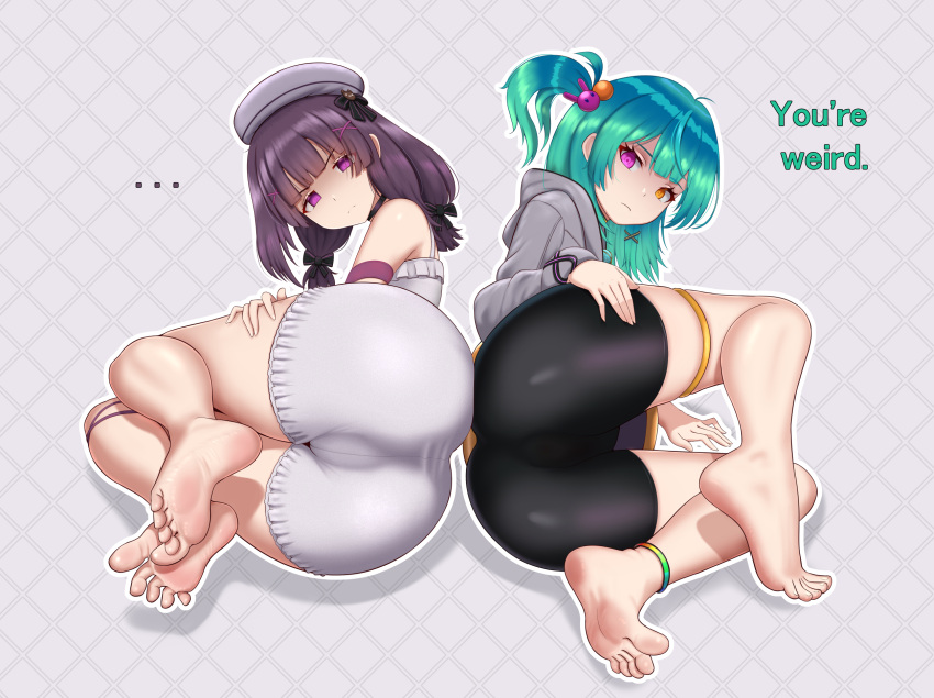 2girls anklet aqua_hair ass barefoot beret bike_shorts black_shorts bow closed_mouth dorsiflexion english_text eyelashes fallenshadow feet frills frown full_body gradient_hair green_hair grey_background grey_headwear grey_shorts hair_bow hair_ornament hat heterochromia highres iceringer indie_virtual_youtuber jewelry legs legs_together long_hair long_sleeves miyune_bun multicolored_hair multiple_girls one_side_up orange_eyes parted_bangs patterned_background purple_eyes purple_hair shadow shirt shorts sleeveless sleeveless_shirt soles spread_toes thigh_strap thighs toes twintails x_hair_ornament