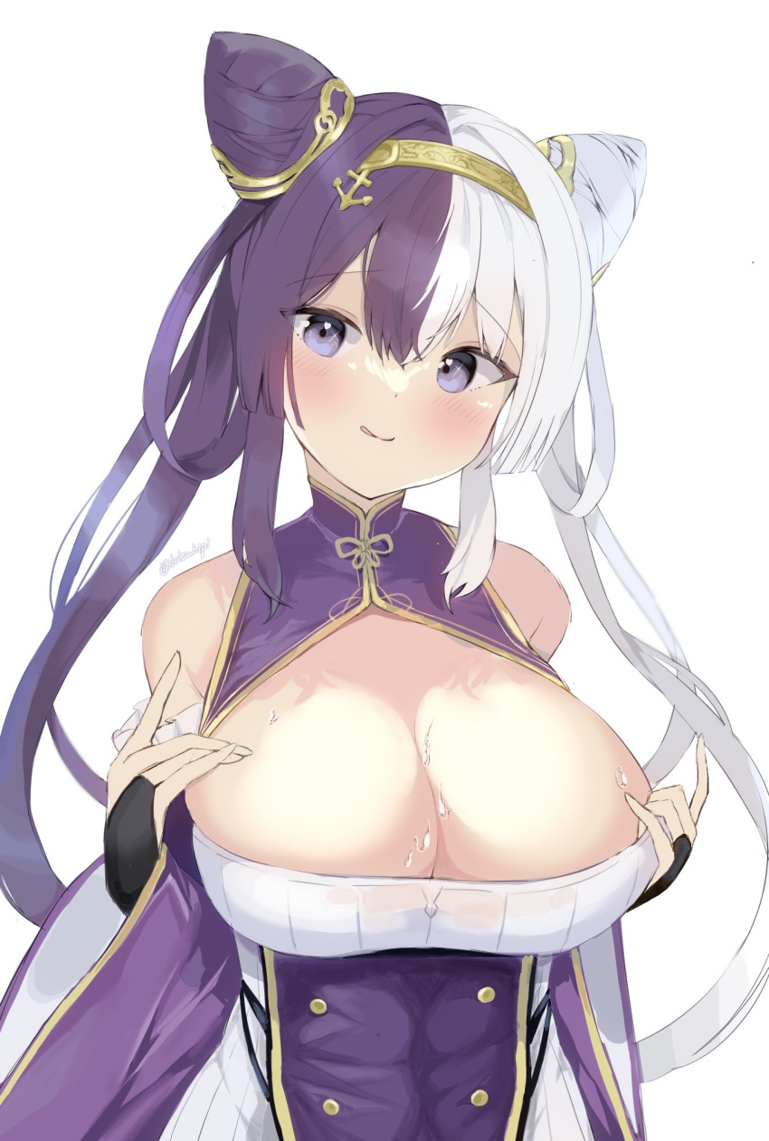 1girl azur_lane bare_shoulders blush breasts cleavage cleavage_cutout clothing_cutout cone_hair_bun dress hair_between_eyes hair_bun highres kisahipi large_breasts licking_lips long_hair looking_at_viewer multicolored_hair purple_dress purple_eyes purple_hair simple_background smile solo split-color_hair tongue tongue_out twitter_username two-tone_hair upper_body white_background white_hair wide_sleeves ying_swei_(azur_lane)