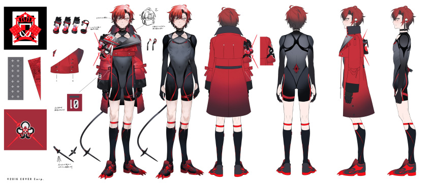 1boy absurdres ahoge black_bodysuit black_choker black_gloves black_hair black_socks bodysuit choker copyright_name covered_navel cropped_jacket gloves highres holostars holostars_english jacket legwear_garter machina_x_flayon male_focus mixed-language_text multicolored_hair official_art orange_eyes profile red_footwear red_hair red_jacket reference_sheet shokuen_(oxstl) short_hair socks streaked_hair virtual_youtuber