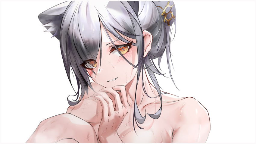1girl animal_ears arknights cat_ears collarbone commentary_request grey_hair highres looking_at_viewer nude parted_lips partial_commentary schwarz_(arknights) simple_background solo upper_body white_background yellow_eyes yunlingluo