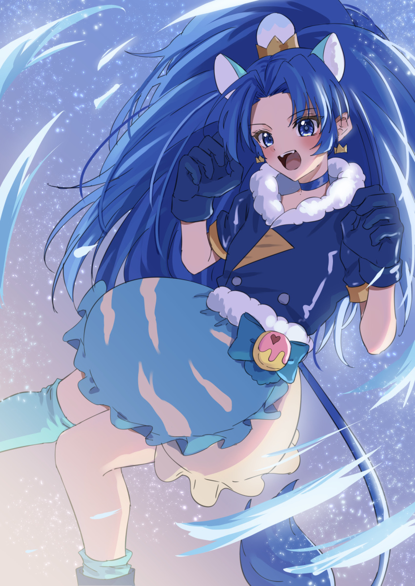 1girl animal_ears asymmetrical_legwear blue_choker blue_eyes blue_gloves blue_hair blue_shirt blue_skirt blue_socks blue_thighhighs bow_skirt choker claw_pose commentary crown crown_earrings cure_gelato earrings extra_ears floating frilled_skirt frills fur-trimmed_shirt fur_trim gloves highres jewelry kirakira_precure_a_la_mode kousuke_(ko_suke) light_trail lion_ears lion_tail long_hair looking_at_viewer magical_girl mini_crown miniskirt open_mouth parted_bangs precure shirt short_sleeves single_sock single_thighhigh skirt sky smile socks solo star_(sky) starry_sky tail tategami_aoi thighhighs