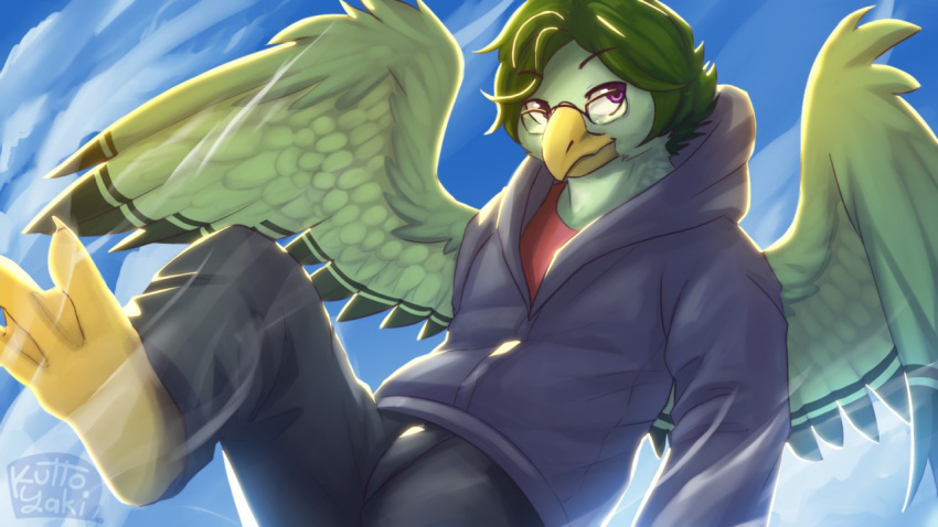 16:9 anthro avian beak blue_clothing blue_topwear bottomwear clothed clothing eyewear feathered_wings feathers glasses glistening glistening_eyes green_body green_feathers green_hair green_wings grey_bottomwear grey_clothing grey_pants hair kuttoyaki looking_aside male mouth_closed pants purple_eyes red_clothing red_topwear solo topwear wearing_glasses widescreen wings yellow_beak