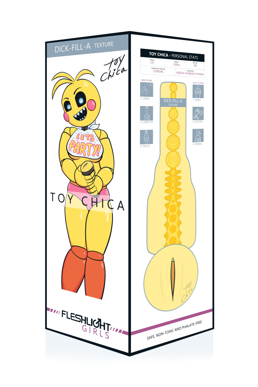absurd_res animatronic box_art female five_nights_at_freddy's five_nights_at_freddy's_2 glowing glowing_eyes hi_res holding_object humanoid kushy_wushy machine penetrable_sex_toy robot robot_humanoid scottgames sex_toy sharp_teeth solo teeth toy_chica_(fnaf)