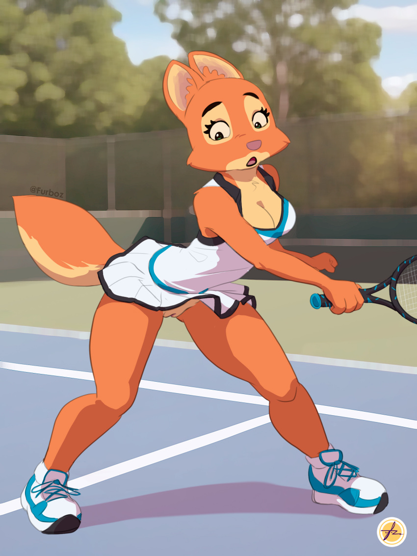 absurd_res anthro bottomwear breasts canid canine cleavage clothed clothing diane_foxington dreamworks female fox furboz genitals hi_res mammal no_underwear pussy skirt solo tennis_court tennis_racket the_bad_guys