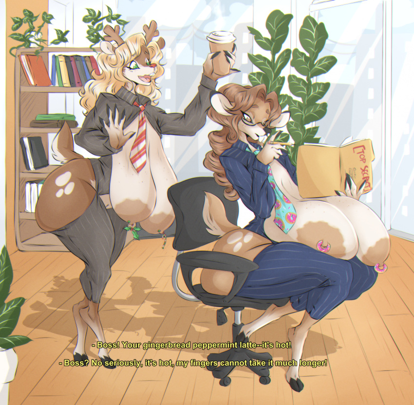 anthro antlers areola assless_pants big_breasts blonde_hair breasts brown_body brown_fur brown_hair buckteeth caption casual_nudity chair clothed clothing deer deltarune dialogue dullvivid duo english_text eyewear female fiona_fawnbags_(dullvivid) fur furniture genitals glasses hair half-closed_eyes hi_res hooves horn huge_breasts humanoid_genitalia humanoid_pussy lips mammal markings multicolored_body narrowed_eyes necktie new_world_deer nipple_piercing nipple_ring nipples noelle_holiday office office_chair open_clothing open_mouth open_shirt open_smile open_topwear piercing pussy reindeer ring_piercing sagging_breasts shirt smile spots spotted_body spotted_fur spotted_markings suit tan_areola tan_nipples teeth text thick_bottom_lip thick_thighs topwear two_tone_body undertale_(series) white-tailed_deer white_spots