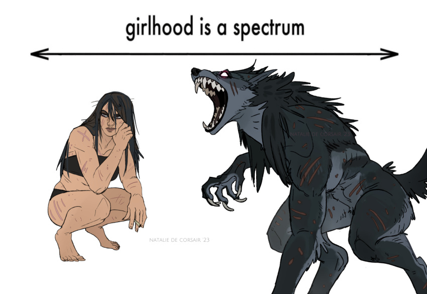 abs anthro breasts canid canine canis claws clothed clothing digital_media_(artwork) english_text female fingers fur hair human humor mammal meme natalie_de_corsair open_mouth scar scars_all_over solo teeth text were werecanid werecanine werewolf wolf