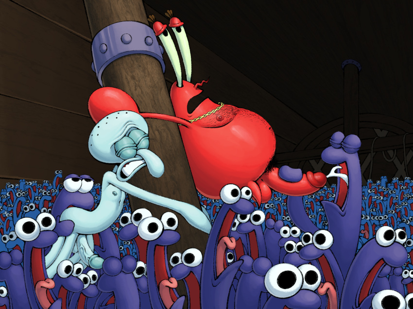 anal anchovy anchovy_(spongebob) anthro arthropod audience bald balls blue_body blue_nipples blue_skin bodily_fluids body_hair cephalopod chain chain_necklace chest_hair coleoid colored crab crowd crustacean cum cum_in_mouth cum_inside decapoda detailed detailed_background dreamscreep ejaculating_cum eyes_closed genital_fluids genitals glistening glistening_balls glistening_body glistening_genitalia glistening_penis gold_(metal) gold_chain gold_jewelry group hairy handjob hi_res inside jewelry lidded_eyes looking_up malacostracan male male/male marine mollusk mr._krabs multi_leg multi_limb necklace necklace_only nickelodeon nipples nude nude_anthro nude_male octopodiform octopus on_model open_mouth oral penile penis pubes red_body red_nipples rimming sex shaded shell spongebob_squarepants squidward_tentacles teeth tongue tongue_out toony vein veiny_penis wrinkles