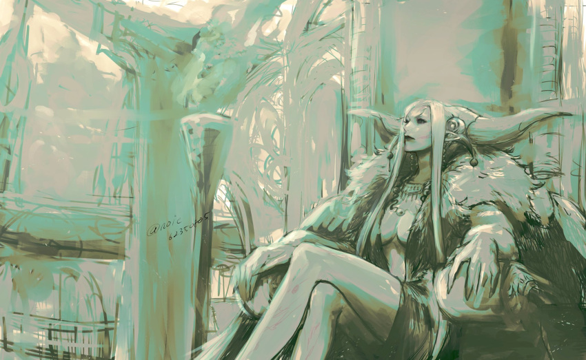 1girl breasts cleavage closed_mouth dress earrings facial_mark final_fantasy final_fantasy_viii greyscale highres horns jewelry lipstick long_hair makeup monochrome necklace noie_(neunteedelstein) pointy_ears sitting solo throne ultimecia wings