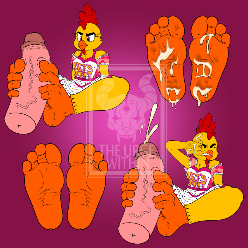 1:1 2020 4_toes annoyed anthro avian bird bodily_fluids chica_(fnaf) chicken covering covering_face cum cum_on_face cum_on_feet cum_on_soles disembodied_penis ejaculation feathers feet female female_focus five_nights_at_freddy's foot_fetish foot_focus foot_play footjob galliform gallus_(genus) genital_fluids genitals hi_res humanoid_feet male male/female penis phasianid plantigrade scottgames sex the_urge_within toes vein veiny_penis watermark yellow_body yellow_feathers