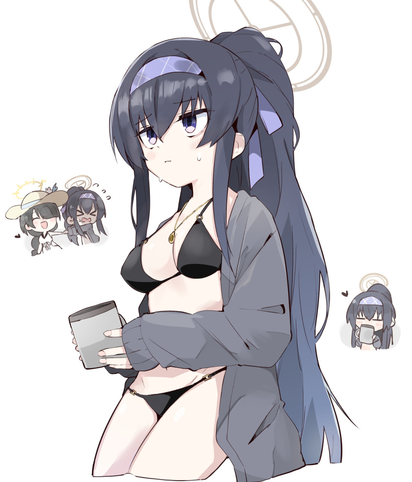 2girls absurdres bikini black_bikini black_hair blue_archive blue_eyes blue_hair blue_hairband breasts chibi cleavage closed_mouth commentary_request cropped_legs cup gradient_hair grey_jacket hairband halo highres hinata_(blue_archive) hinata_(swimsuit)_(blue_archive) holding holding_cup jacket long_hair long_sleeves medium_breasts mug multicolored_hair multiple_girls ooyama_imo open_clothes open_jacket ponytail simple_background sleeves_past_wrists solo_focus sweat swimsuit ui_(blue_archive) ui_(swimsuit)_(blue_archive) very_long_hair white_background