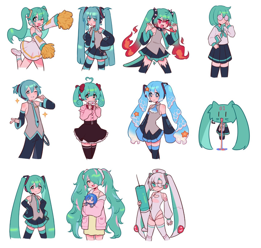 ! !! 1boy 6+girls adjusting_eyewear ahoge animalization aqua_eyes aqua_fur aqua_hair aqua_neckerchief aqua_necktie aqua_sailor_collar arm_tattoo bare_shoulders black_pants blue_eyes blue_hair blush book bow breathing_fire cat character_doll cheerleader choker cleavage_cutout clothing_cutout coke-bottle_glasses covering_mouth crop_top curly_hair detached_sleeves dot_nose dress drooling eyepatch facial_mark fiery_hair fire forehead_mark frilled_skirt frills genderswap genderswap_(ftm) glasses grey_shirt hair_bow hair_ornament hair_over_one_eye hairclip hand_on_headset hat hatsune_miku hatsune_mikuo headset heart heart-shaped_pupils heart_ahoge heart_cutout heart_eyepatch highleg highleg_leotard highres holding holding_book holding_letter holding_syringe jacket jirai_kei jitome joints kaito_(vocaloid) large_syringe leotard letter liquid_hair long_hair long_sleeves looking_at_viewer love_letter messy_hair midriff multicolored_hair multiple_girls multiple_persona musical_note neckerchief necktie nekooishii89 nurse_cap one_eye_closed open_mouth oversized_object pants pink_jacket pink_shirt pointing pom_pom_(cheerleading) puffy_sleeves rainbow red_bow red_eyes robot_joints school_uniform sharp_teeth shirt shirt_tucked_in short_hair short_necktie short_ponytail skirt skull_ornament sleepwear sleeveless smile spaghetti_strap sparkle spiked_choker spikes spring_onion starfish_hair_ornament symbol-shaped_pupils syringe tail tattoo teeth thighhighs torn_clothes torn_necktie torn_skirt twintails two-tone_hair very_long_hair vocaloid whiskers white_background white_choker white_hair white_leotard white_shirt white_skirt white_thighhighs yellow_dress