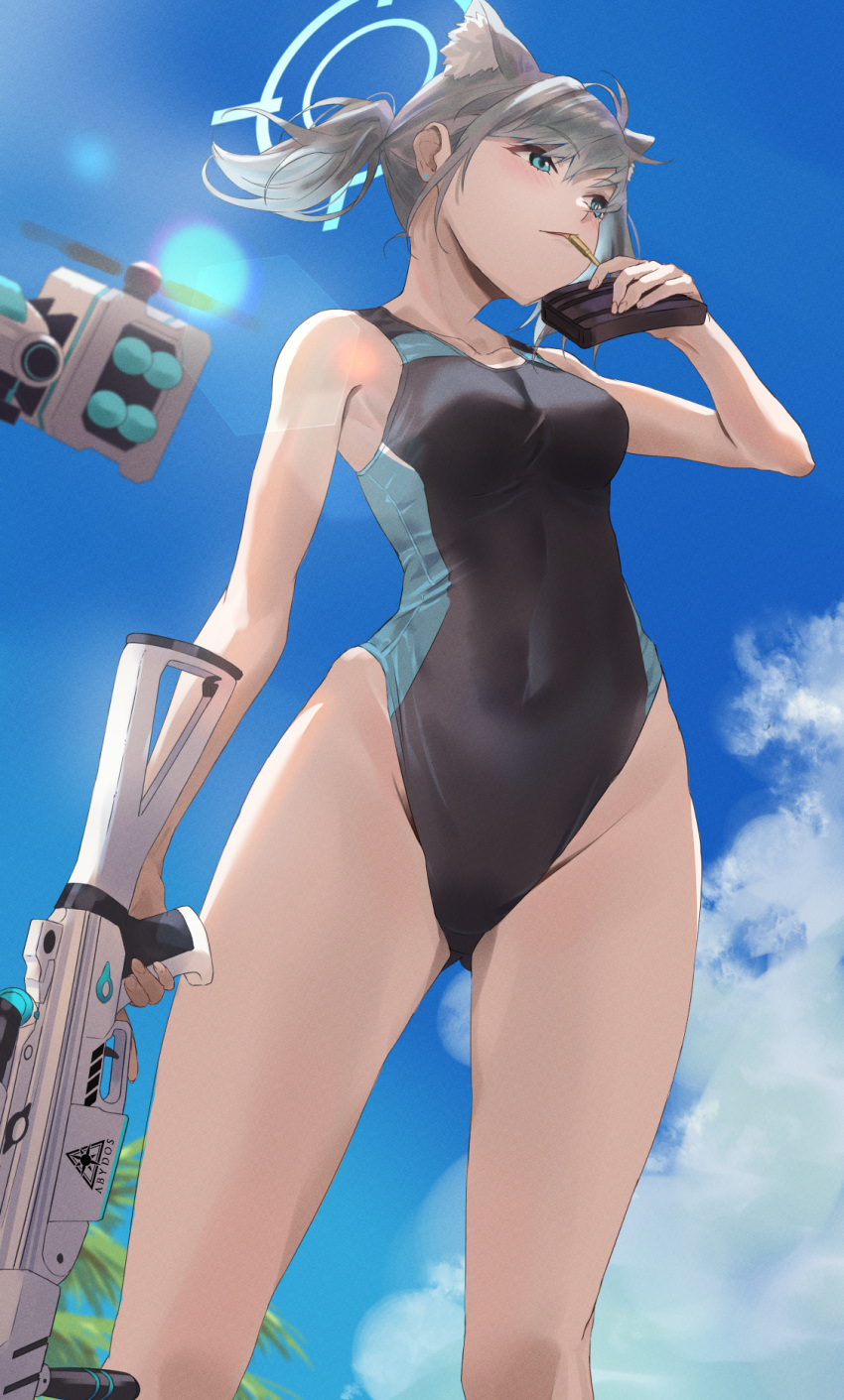 1girl animal_ear_fluff animal_ears black_one-piece_swimsuit blue_archive blue_eyes blue_sky breasts cloud commentary competition_swimsuit covered_navel cross_hair_ornament day drone extra_ears feet_out_of_frame from_below grey_hair gun hair_ornament halo highres kuu_(user_gngs5284) low_ponytail magazine_(weapon) medium_breasts medium_hair mismatched_pupils mouth_hold multicolored_clothes multicolored_swimsuit official_alternate_costume one-piece_swimsuit outdoors rifle shiroko_(blue_archive) shiroko_(swimsuit)_(blue_archive) sky sniper_rifle solo standing swimsuit weapon wolf_ears