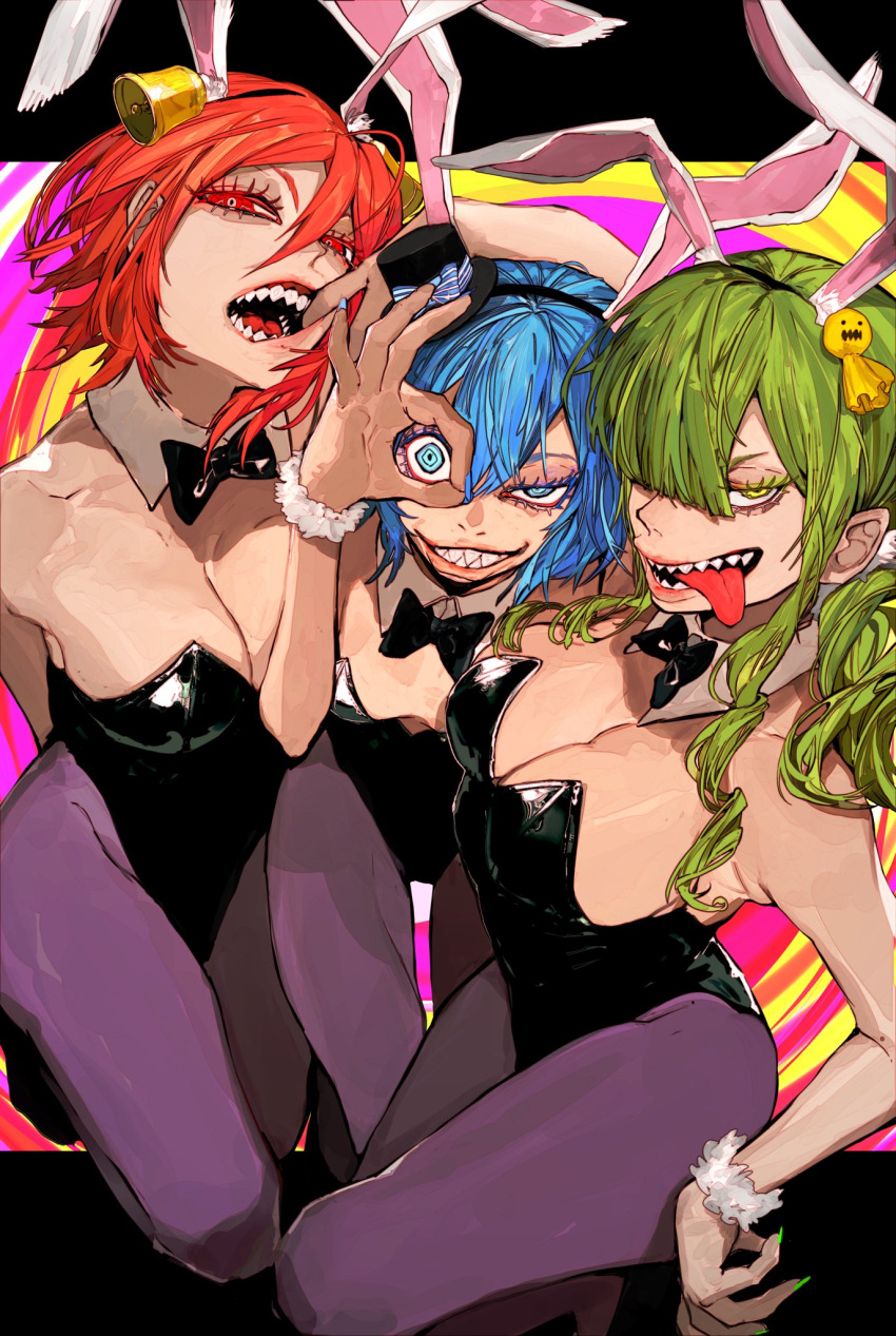 animal_ears blue_hair blunt_bangs breasts cleavage fake_animal_ears green_hair grin highres large_breasts lips looking_at_viewer mouth_pull original playboy_bunny red_eyes sharp_teeth small_breasts smile teeth tongue tongue_out unrefle