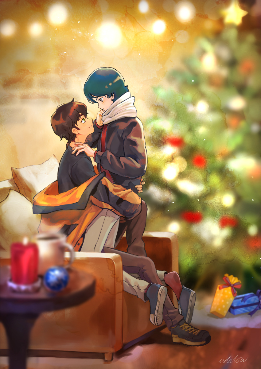 2boys absurdres black_footwear black_shirt blue_eyes blue_hair blurry blurry_background blush brown_hair brown_jacket candle chair christmas christmas_ornaments christmas_present christmas_tree closed_mouth couple cup dark-skinned_male dark_skin from_side full_body gift green_eyes gundam gundam_zz hand_on_another's_shoulder highres hug indoors jacket judau_ashta kamille_bidan knee_up light_particles long_sleeves looking_at_another male_focus mug multiple_boys off_shoulder open_clothes open_jacket orange_jacket pillow red_shirt scarf shirt shoes short_hair sitting smile sneakers udatsu0.i waist_hug white_scarf yaoi zeta_gundam